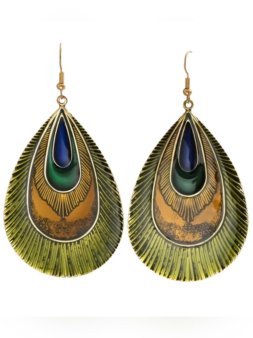 Bohemian Enamel Peacock Feather Teardrop Dangle Earrings Jewel Gold Tone NWOT